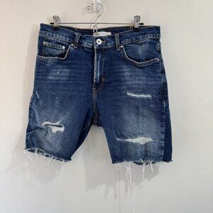 Zara Denim Jean Shorts Mens 32 Distressed Raw Hem Paint Splatter Medium Wash